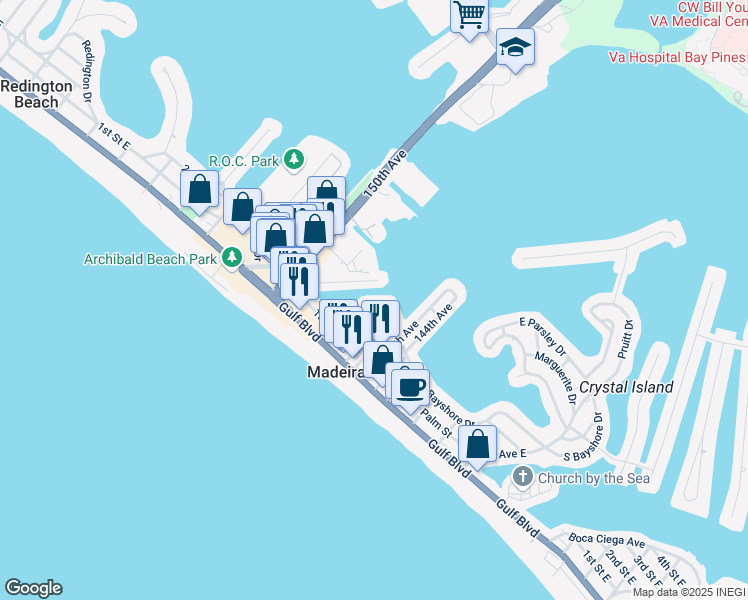 map of restaurants, bars, coffee shops, grocery stores, and more near 14839 North Bayshore Drive in Madeira Beach