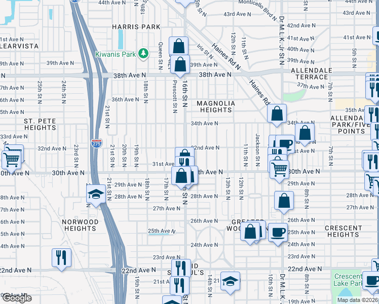 map of restaurants, bars, coffee shops, grocery stores, and more near 1550 32nd Avenue North in St. Petersburg