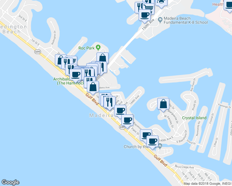 map of restaurants, bars, coffee shops, grocery stores, and more near 14827 North Bayshore Drive in Saint Petersburg