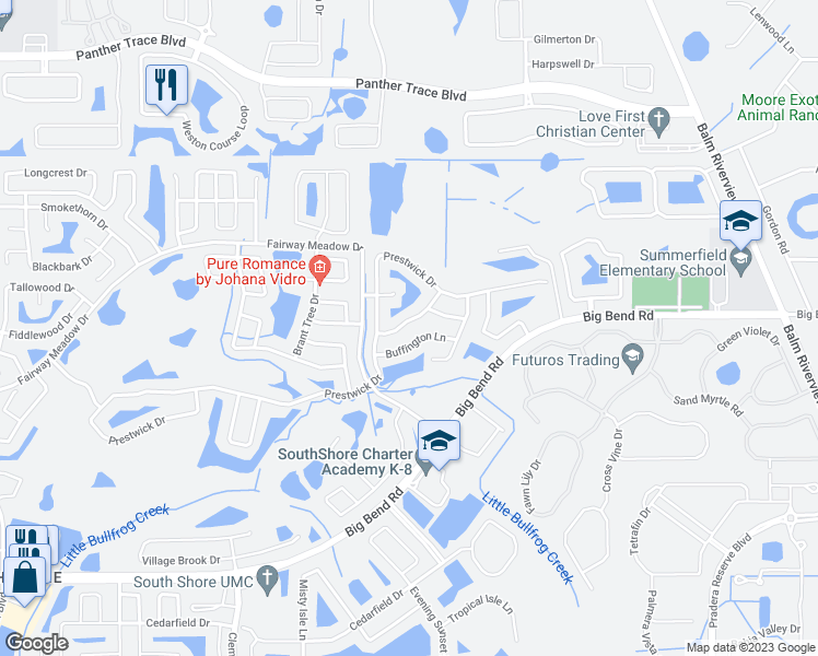 map of restaurants, bars, coffee shops, grocery stores, and more near 12115 Feldwood Creek Lane in Riverview
