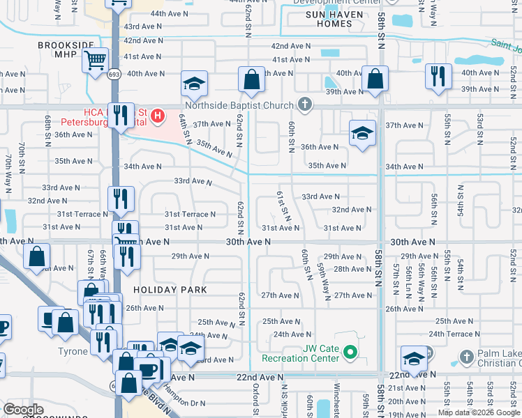 map of restaurants, bars, coffee shops, grocery stores, and more near 3159 61st Lane North in St. Petersburg