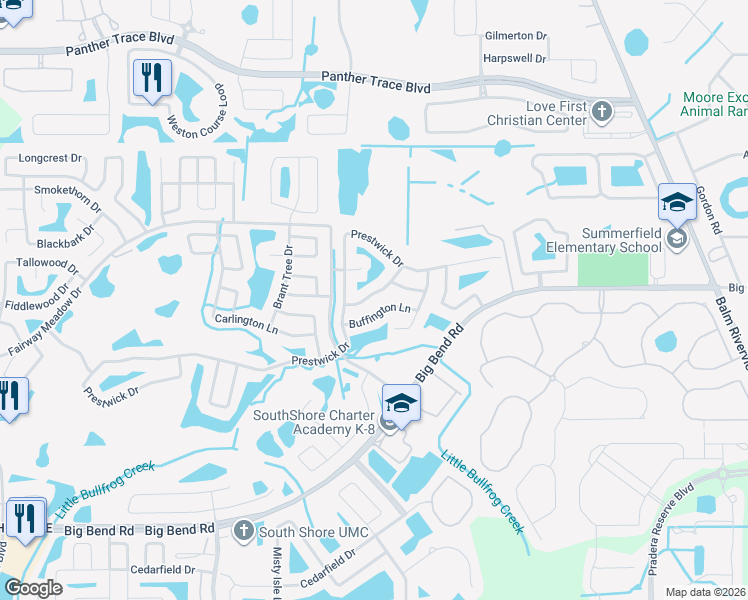 map of restaurants, bars, coffee shops, grocery stores, and more near 12115 Feldwood Creek Lane in Riverview