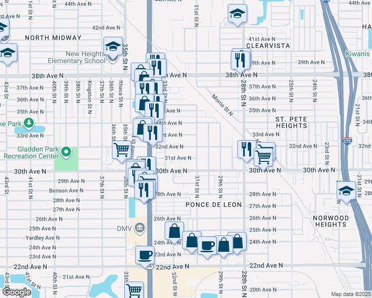 map of restaurants, bars, coffee shops, grocery stores, and more near 3144 32nd Avenue North in Saint Petersburg