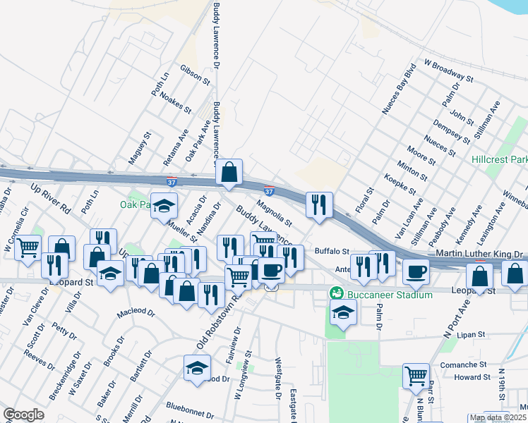 map of restaurants, bars, coffee shops, grocery stores, and more near 3173 Magnolia Street in Corpus Christi