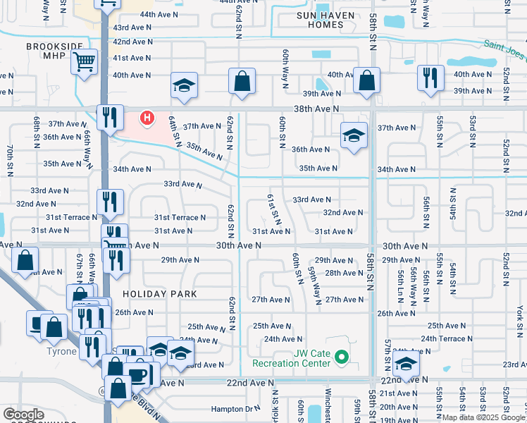 map of restaurants, bars, coffee shops, grocery stores, and more near 3195 61st Way N in St Petersburg