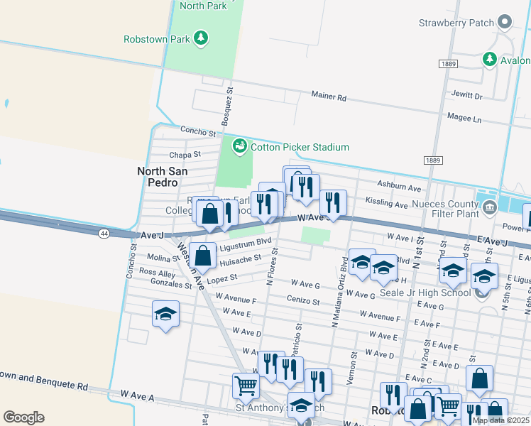 map of restaurants, bars, coffee shops, grocery stores, and more near 609 Texas 44 in Robstown