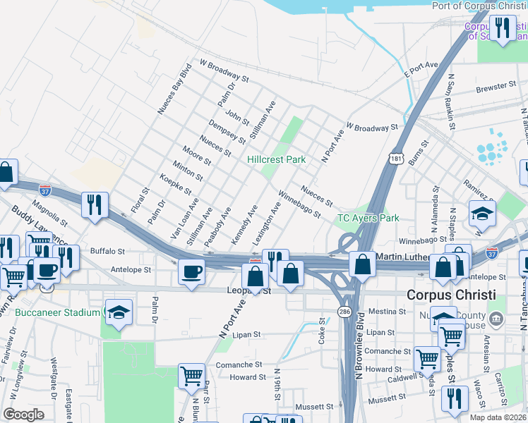 map of restaurants, bars, coffee shops, grocery stores, and more near 1507 Lexington Avenue in Corpus Christi