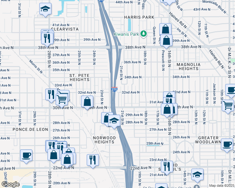 map of restaurants, bars, coffee shops, grocery stores, and more near 2132 32nd Avenue North in Saint Petersburg