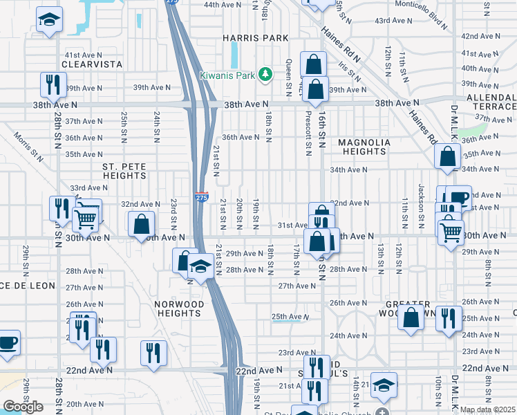 map of restaurants, bars, coffee shops, grocery stores, and more near 1830 32nd Avenue North in Saint Petersburg