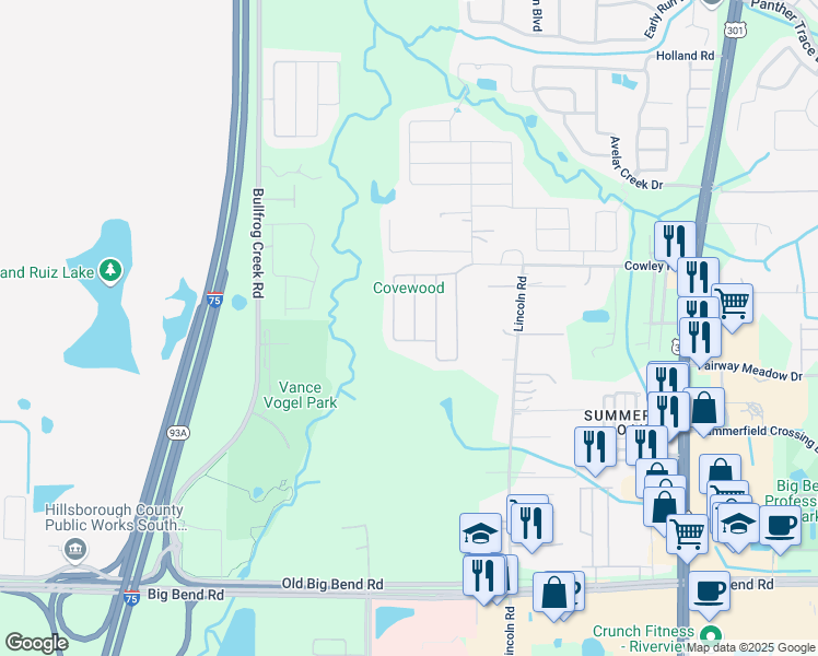 map of restaurants, bars, coffee shops, grocery stores, and more near 12925 Brookcrest Place in Riverview