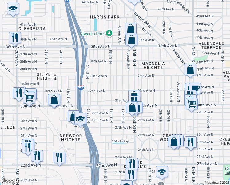 map of restaurants, bars, coffee shops, grocery stores, and more near 1732 32nd Avenue North in Saint Petersburg