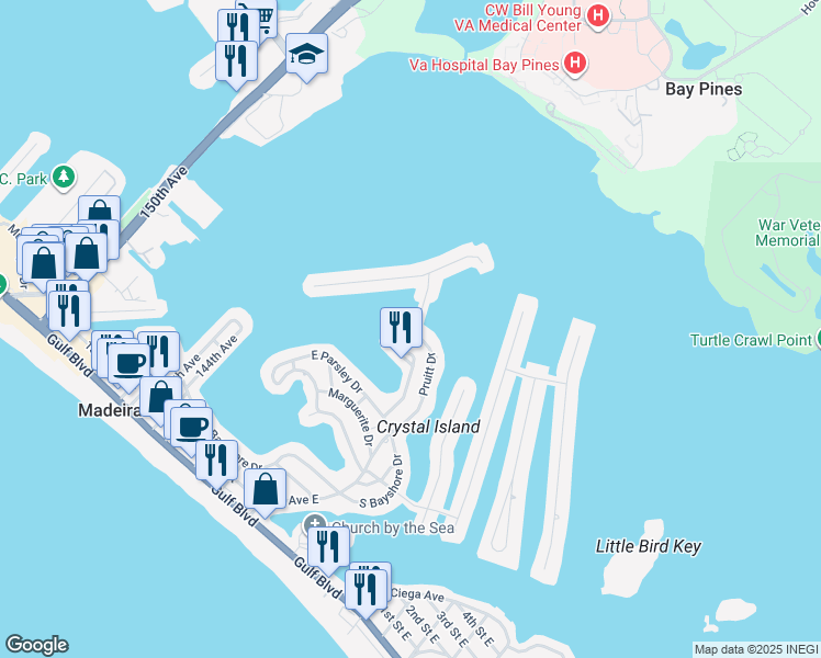 map of restaurants, bars, coffee shops, grocery stores, and more near 746 Pruitt Drive in Madeira Beach