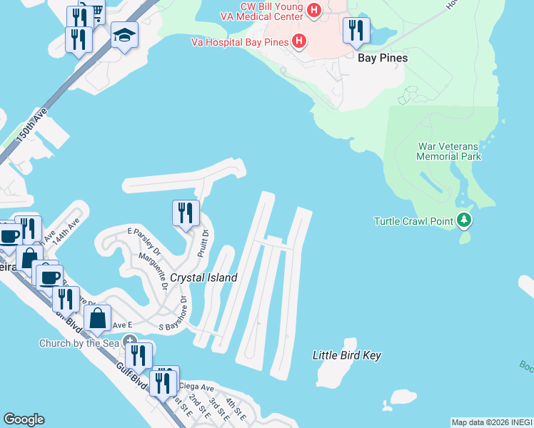 map of restaurants, bars, coffee shops, grocery stores, and more near 575 Crystal Drive in Madeira Beach