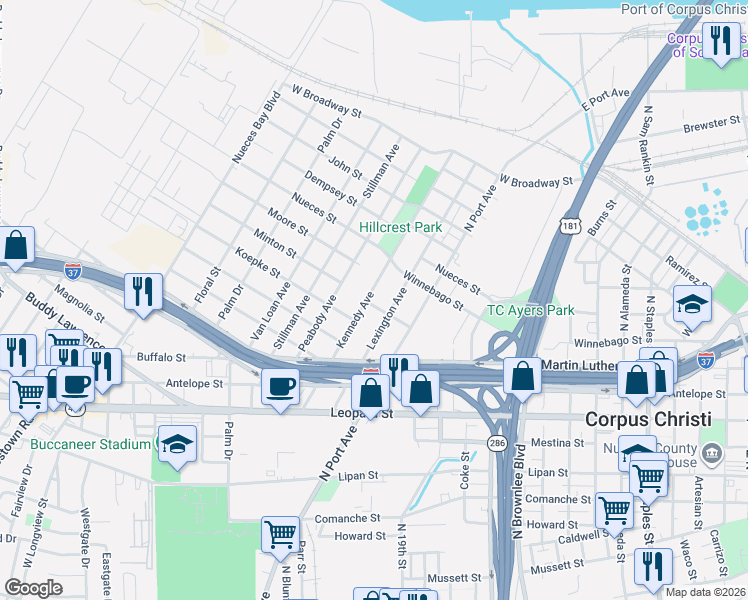 map of restaurants, bars, coffee shops, grocery stores, and more near 1507 Lexington Avenue in Corpus Christi