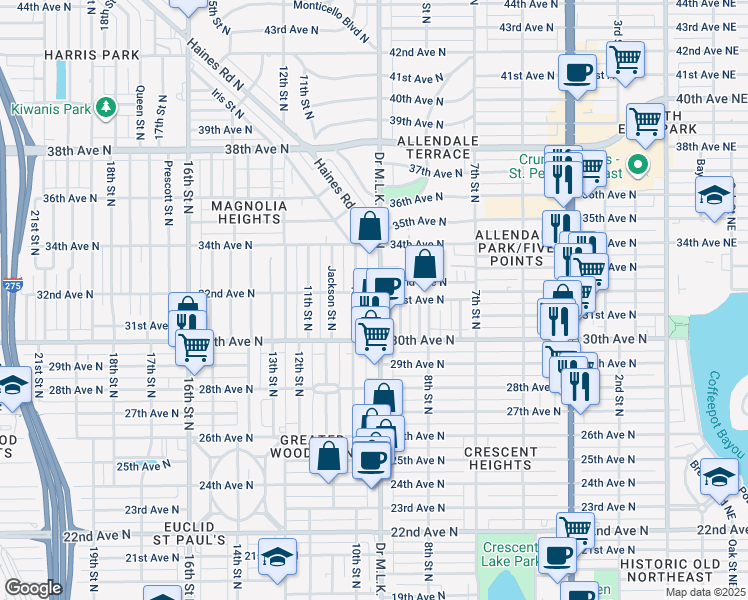 map of restaurants, bars, coffee shops, grocery stores, and more near 3190 9th Street North in St. Petersburg