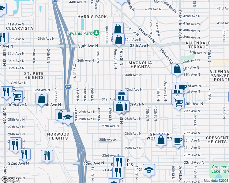 map of restaurants, bars, coffee shops, grocery stores, and more near 1640 32nd Avenue North in St. Petersburg