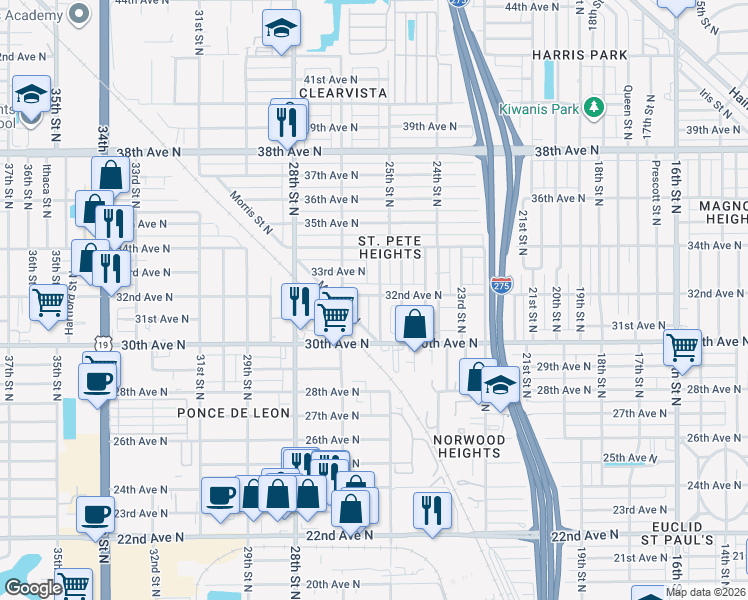 map of restaurants, bars, coffee shops, grocery stores, and more near 3138 Yale Street North in St. Petersburg