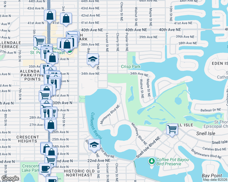 map of restaurants, bars, coffee shops, grocery stores, and more near 1374 Monterey Boulevard Northeast in Saint Petersburg