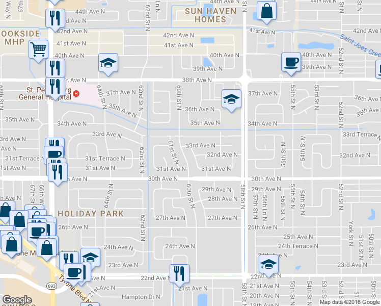 map of restaurants, bars, coffee shops, grocery stores, and more near 3244 60th Street North in St. Petersburg