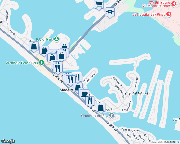 map of restaurants, bars, coffee shops, grocery stores, and more near 356 145th Avenue in Madeira Beach