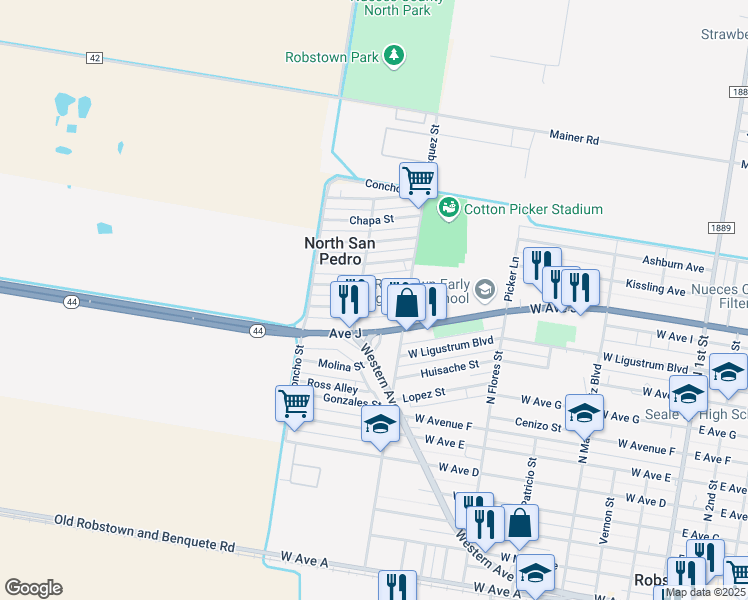 map of restaurants, bars, coffee shops, grocery stores, and more near 825 Nueces Street in Robstown