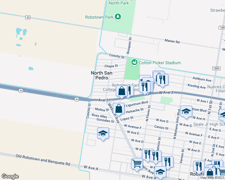 map of restaurants, bars, coffee shops, grocery stores, and more near 825 Nueces St in Robstown