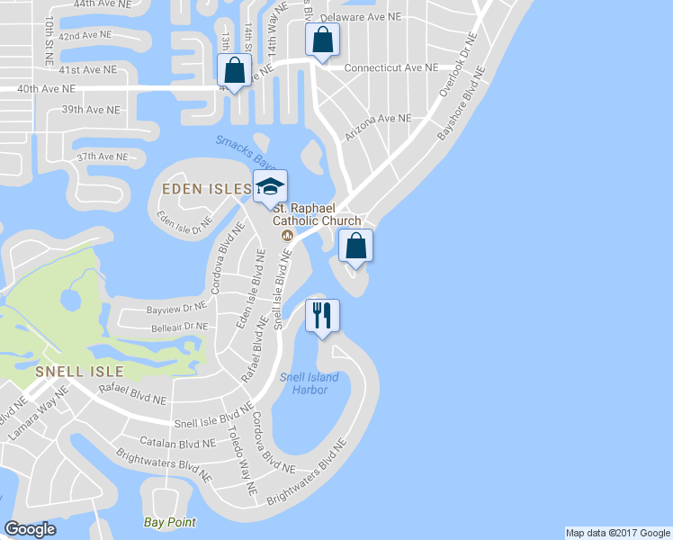 map of restaurants, bars, coffee shops, grocery stores, and more near 3140 Bayshore Boulevard Northeast in St. Petersburg