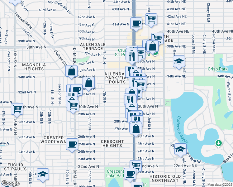 map of restaurants, bars, coffee shops, grocery stores, and more near 510 32nd Avenue North in St. Petersburg