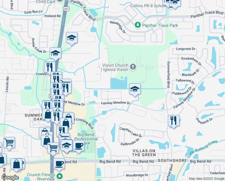 map of restaurants, bars, coffee shops, grocery stores, and more near 10920 Brickside Court in Riverview