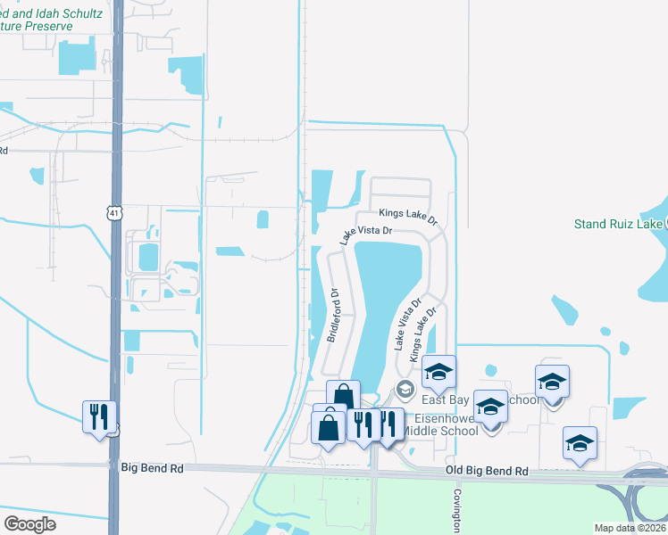 map of restaurants, bars, coffee shops, grocery stores, and more near 12918 Bridleford Drive in Gibsonton