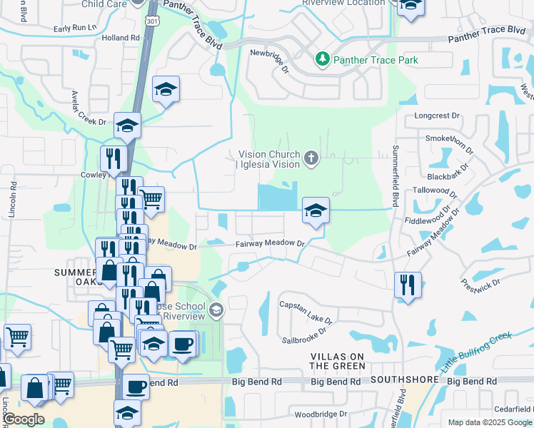 map of restaurants, bars, coffee shops, grocery stores, and more near 10930 Brickside Court in Riverview