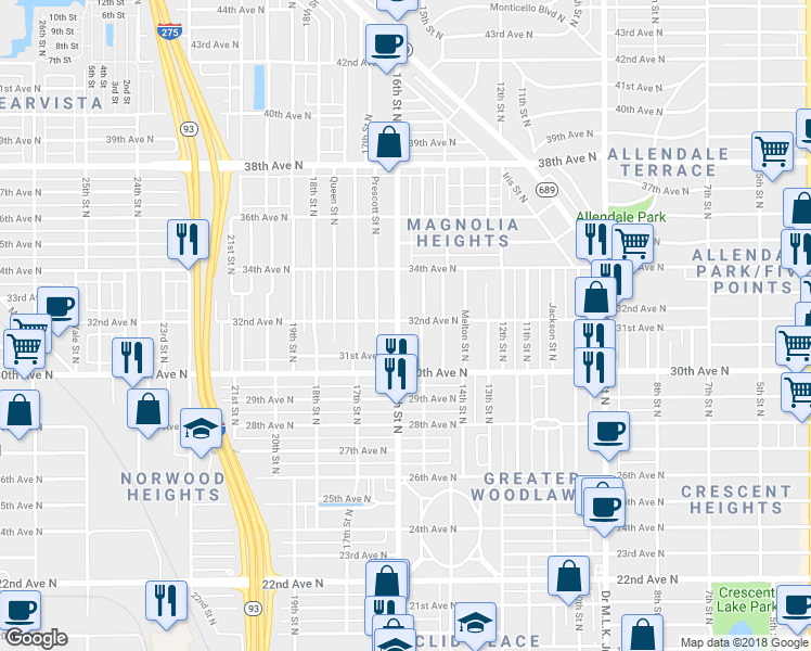 map of restaurants, bars, coffee shops, grocery stores, and more near 1550 32nd Avenue North in St. Petersburg