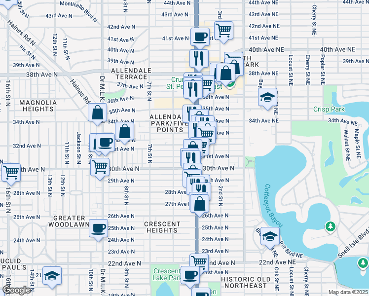 map of restaurants, bars, coffee shops, grocery stores, and more near 450 32nd Avenue North in St. Petersburg