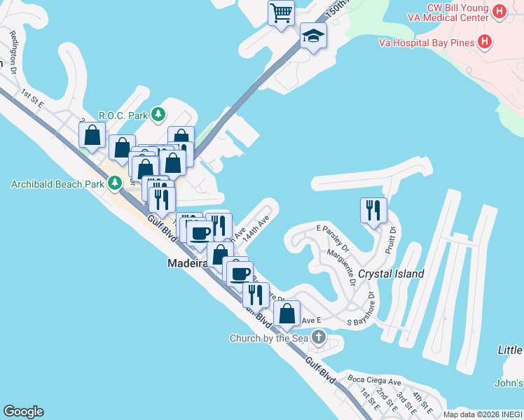 map of restaurants, bars, coffee shops, grocery stores, and more near 356 145th Avenue in Madeira Beach