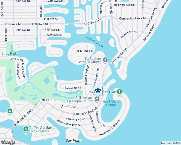 map of restaurants, bars, coffee shops, grocery stores, and more near 439 Capri Way Northeast in St. Petersburg