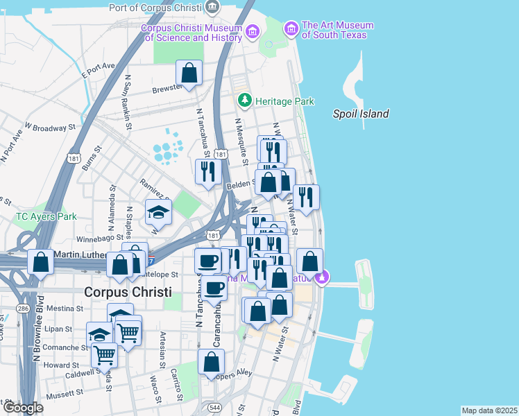 map of restaurants, bars, coffee shops, grocery stores, and more near 1014 North Mesquite Street in Corpus Christi