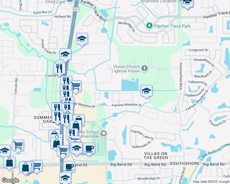 map of restaurants, bars, coffee shops, grocery stores, and more near 10810 Brickside Court in Riverview