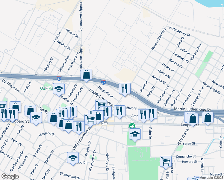 map of restaurants, bars, coffee shops, grocery stores, and more near 3141 Huisache Street in Corpus Christi