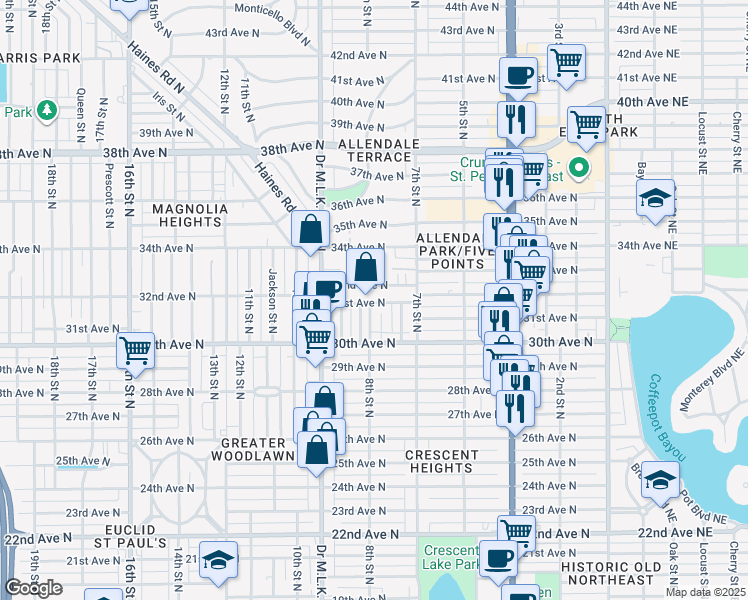 map of restaurants, bars, coffee shops, grocery stores, and more near 737 31st Avenue North in St. Petersburg