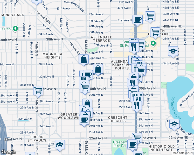 map of restaurants, bars, coffee shops, grocery stores, and more near 824 31st Avenue North in St. Petersburg