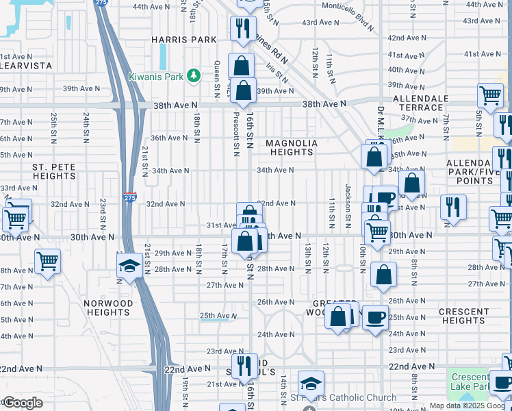 map of restaurants, bars, coffee shops, grocery stores, and more near 1550 32nd Avenue North in St. Petersburg