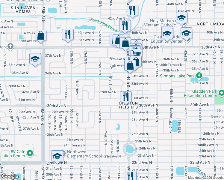 map of restaurants, bars, coffee shops, grocery stores, and more near 3201 51st Street North in St. Petersburg