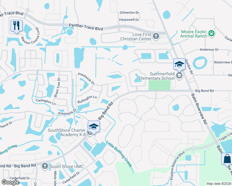 map of restaurants, bars, coffee shops, grocery stores, and more near 13207 Pike Lake Drive in Riverview