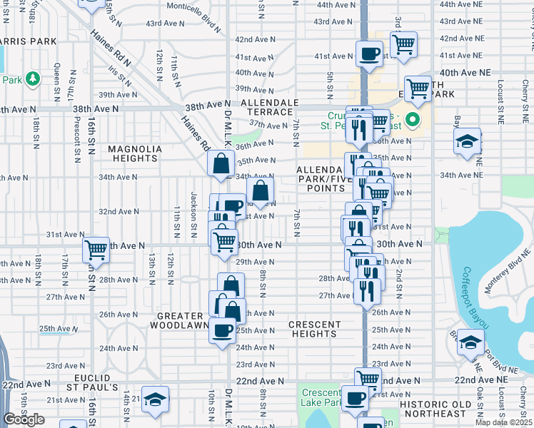 map of restaurants, bars, coffee shops, grocery stores, and more near 737 31st Avenue North in St. Petersburg