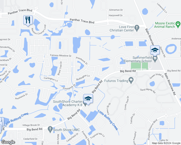 map of restaurants, bars, coffee shops, grocery stores, and more near 12211 Matchfield Way in Riverview