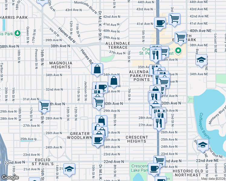 map of restaurants, bars, coffee shops, grocery stores, and more near 781 31st Avenue North in St. Petersburg