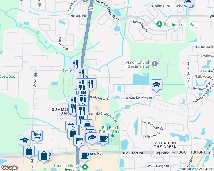 map of restaurants, bars, coffee shops, grocery stores, and more near 12905 Dream Catcher Way in Riverview