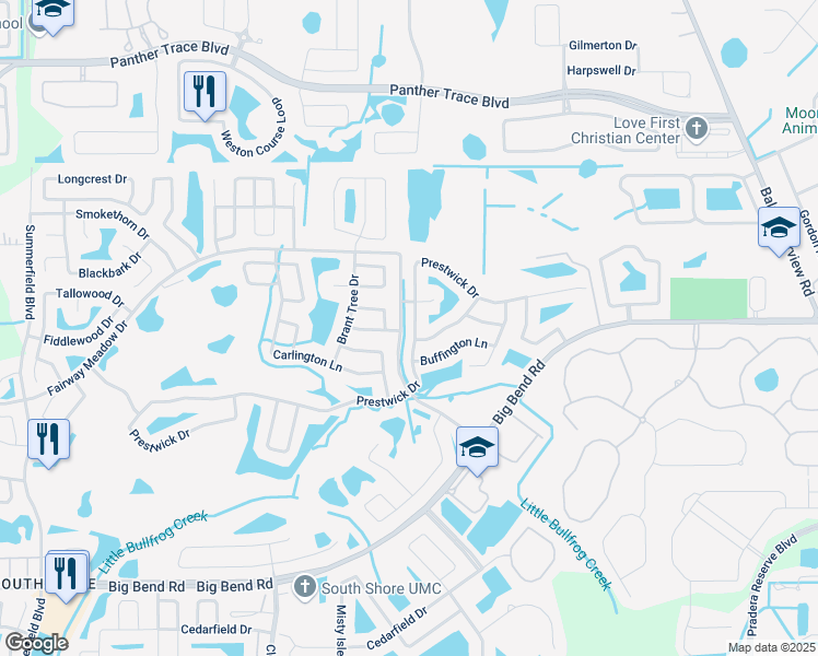 map of restaurants, bars, coffee shops, grocery stores, and more near 13234 Prestwick Drive in Riverview