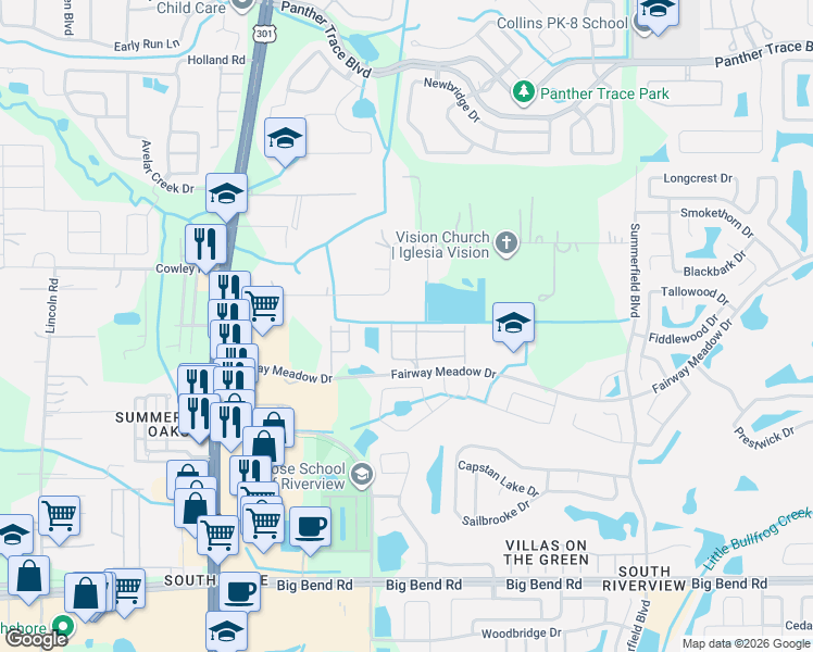 map of restaurants, bars, coffee shops, grocery stores, and more near 10818 Brickside Court in Riverview