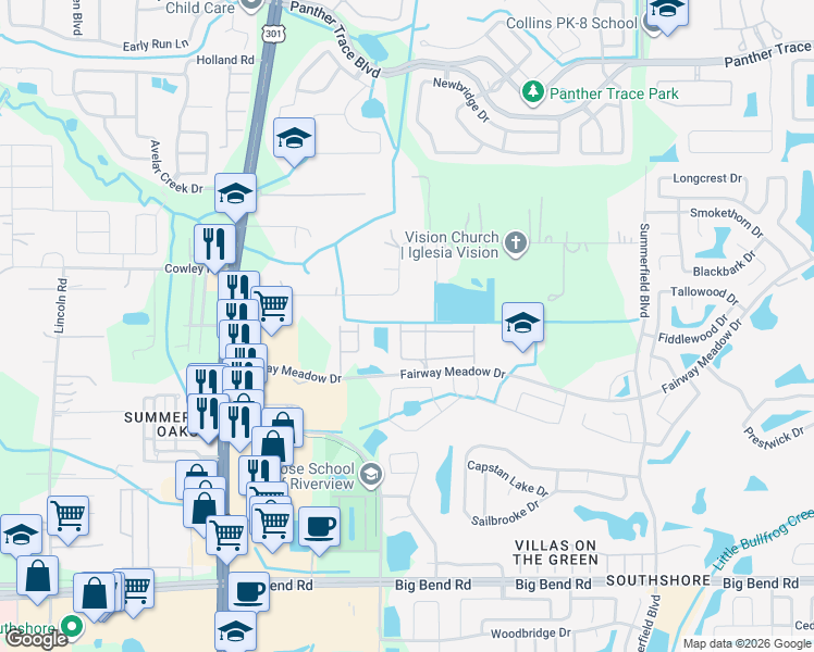 map of restaurants, bars, coffee shops, grocery stores, and more near 10802 Brickside Court in Riverview